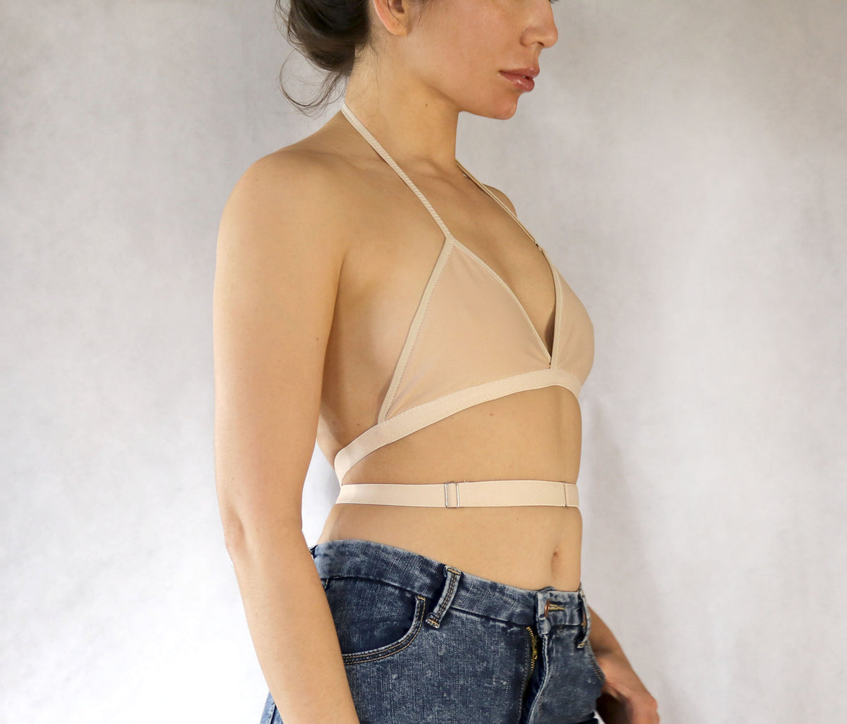 Open Back Bra. Wrap Around Backless Halter Bralette XS cup D / Beige Open Back Bra. Wrap Around Backless Halter Bralette XS cup D / Beige