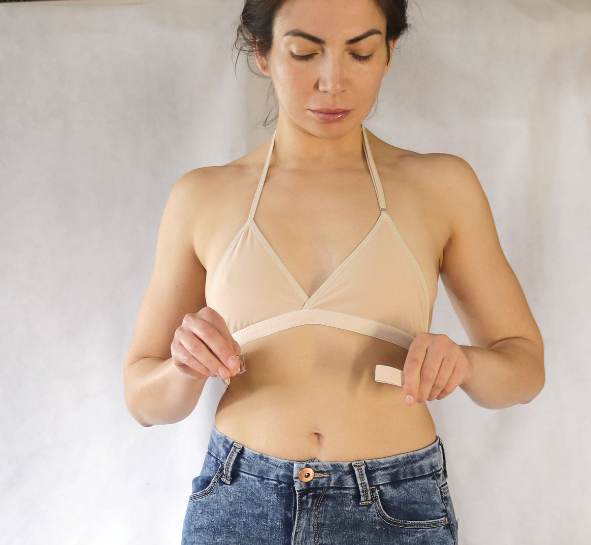Open Back Bra. Wrap Around Backless Halter Bralette Small cup A / Beige
