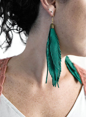 White Long Leather Feather Earrings