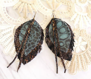 Layered Leather Feather Earrings