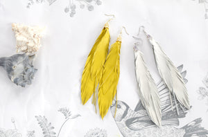 White Long Leather Feather Earrings