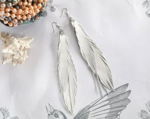 White Long Leather Feather Earrings