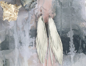 White Long Leather Feather Earrings