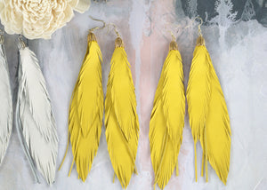 Yellow Long Leather Feather Earrings