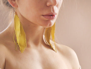 Yellow Long Leather Feather Earrings