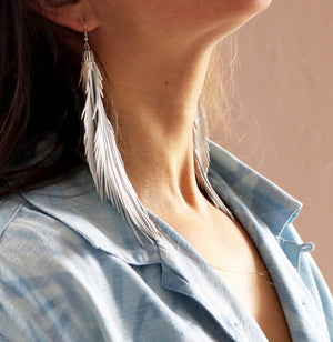 White Long Leather Feather Earrings