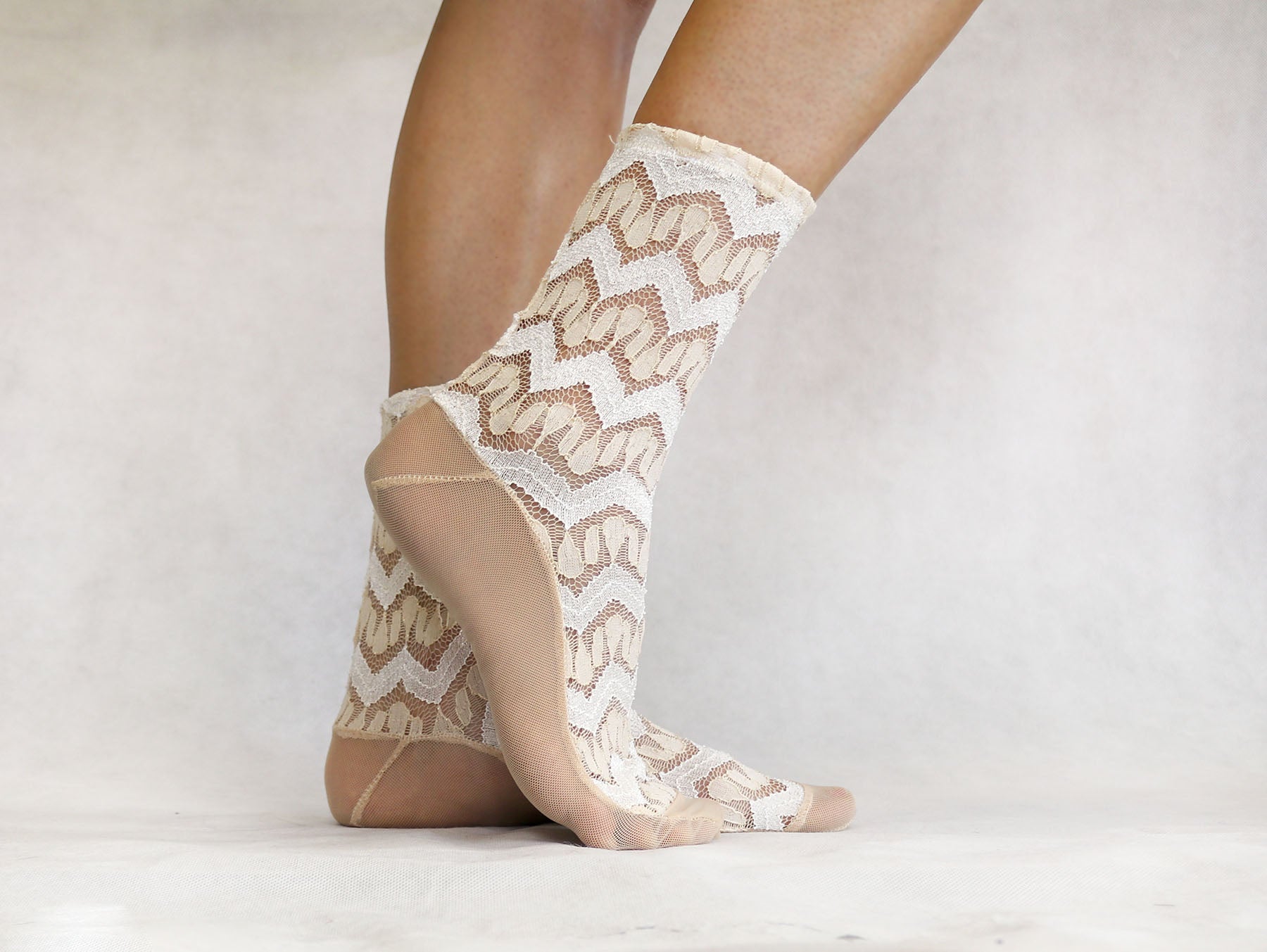 Ivory and Beige Lace and Mesh Socks