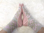 Embroidered Lace Women's Socks. Light Mint Green and pink