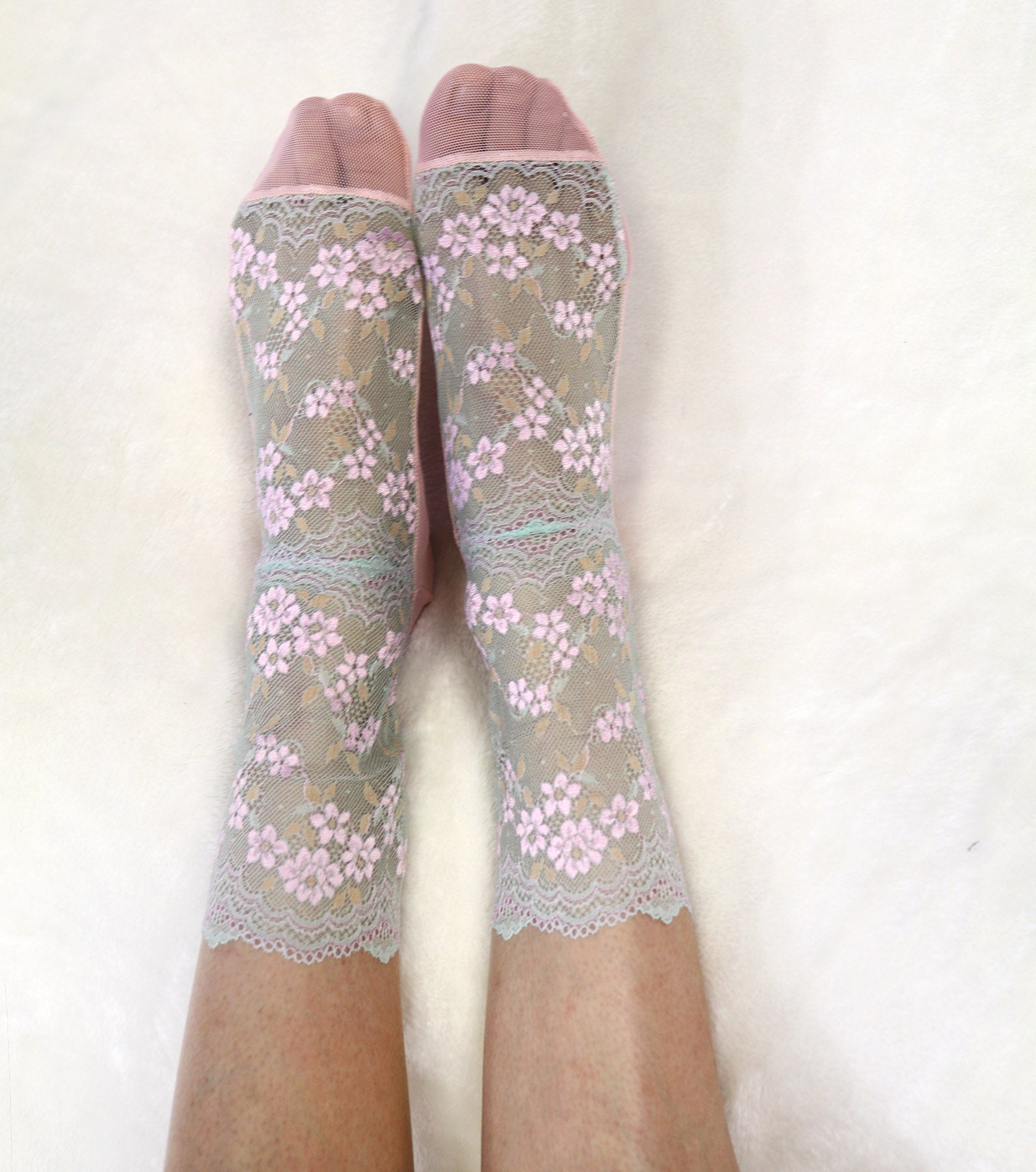 Embroidered Lace Women's Socks. Light Mint Green and pink