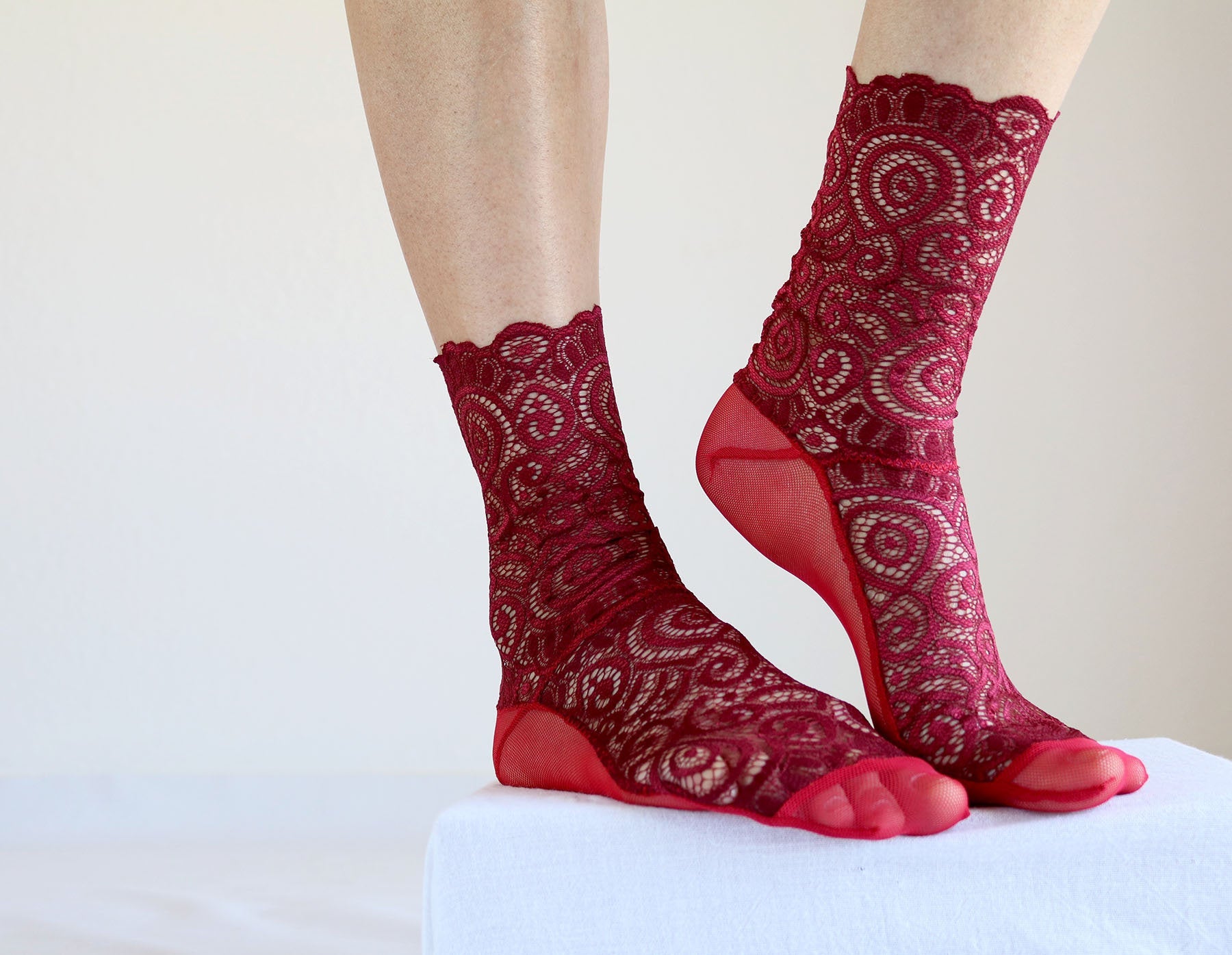 Burgundy Red Lace and Mesh socks. Handmade Women’s Socks – Tatiana's