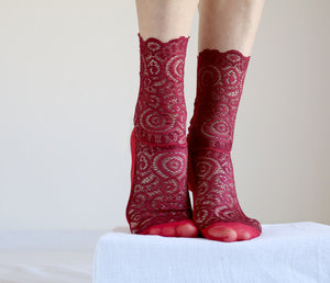 Burgundy Red Lace and Mesh socks. Handmade Women’s Socks