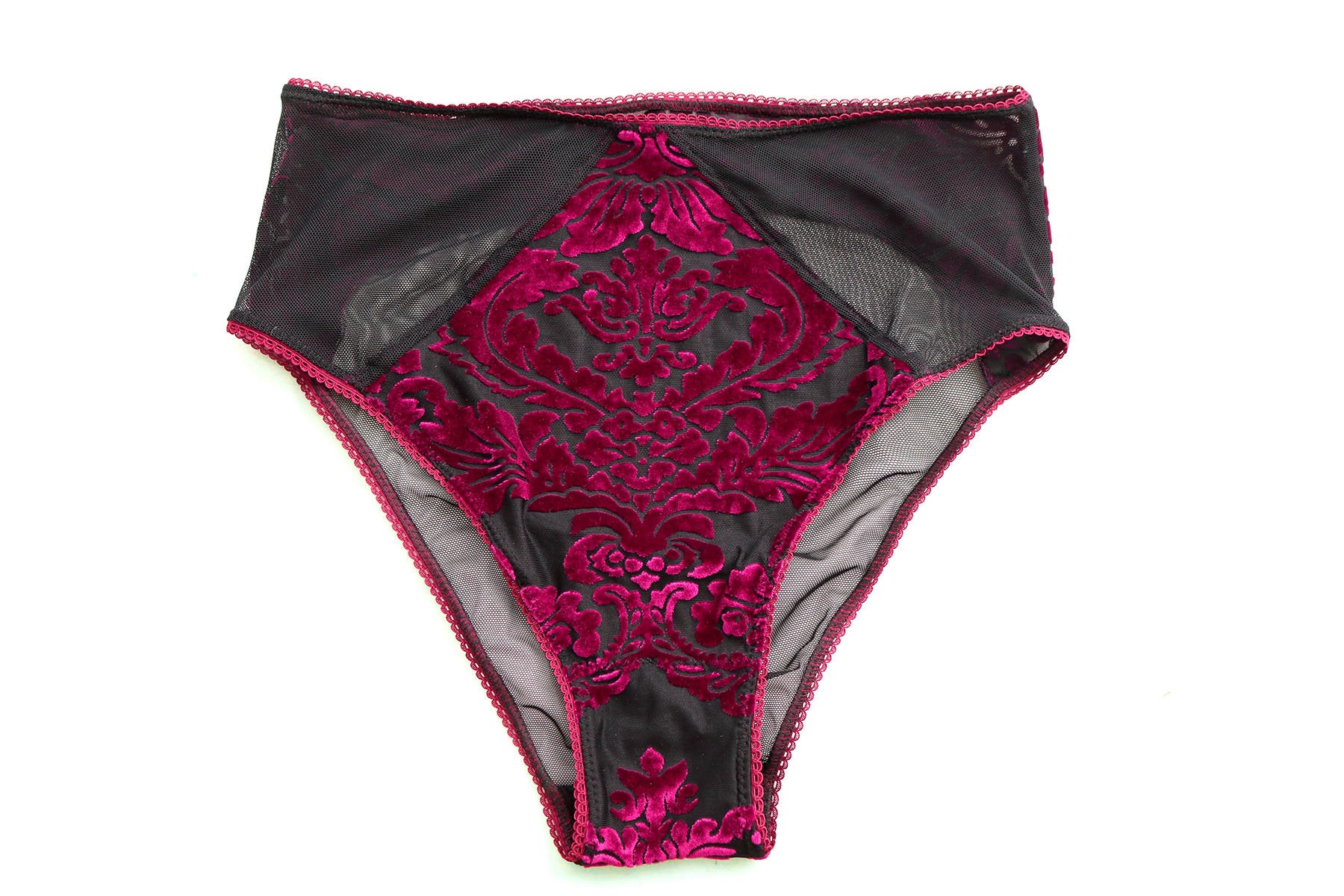 Hight Waist Velvet Panties. Deep Red Magenta and Black Mesh