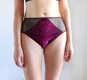 Hight Waist Velvet Panties. Deep Red Magenta and Black Mesh