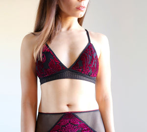 Velvet Bralette. Magenta and Black