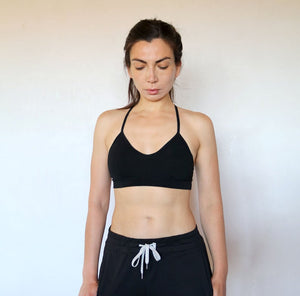 Black Organic Cotton Sports Yoga Bra. Skinny Racer Back.